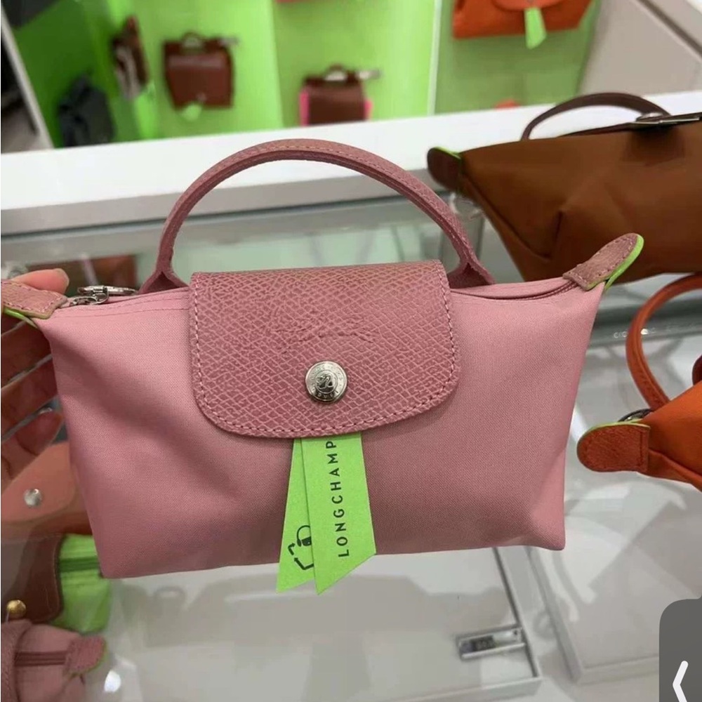 Lonchamp 🐎 Mini Pouch Green Le Pliage bag in baby pink w/ silver accents